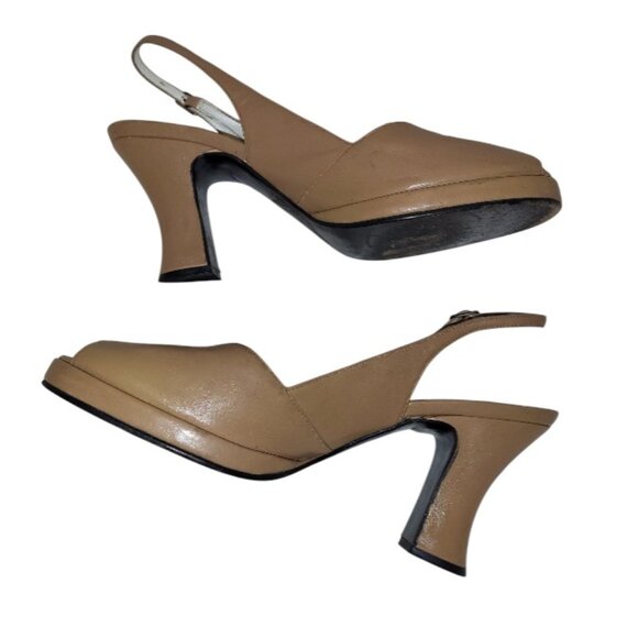 Vintage Charles David 1940s Inspired Beige Pinup Peep-toe Sling Platform Heels 8 - Picture 2 of 8